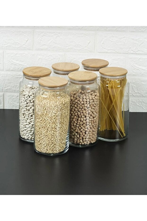 6 Pieces Vacuum Bamboo Lid 1300 ml Glass Spice Jar Set of Pudding Jars