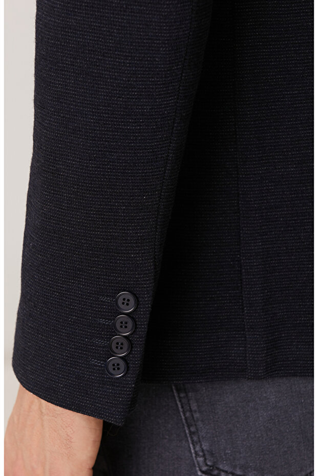 Lacivert Yün Karışımlı Örme Ceket - 7
