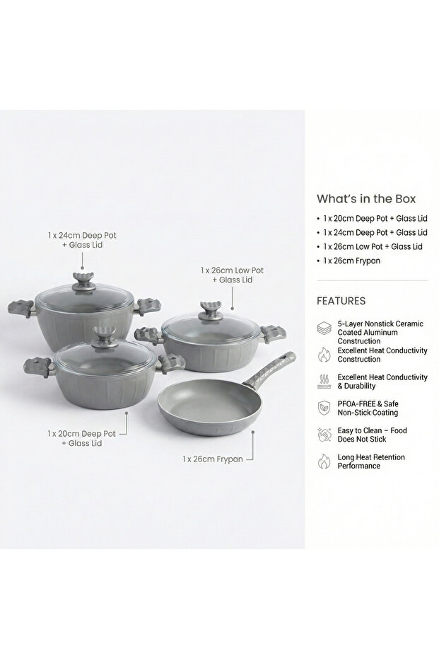 7-Piece Farah Cookware Set - Glass Lids - 2 Deep Pots - 1 Low Pot - 1 Frypan - Non-Stick - Grey