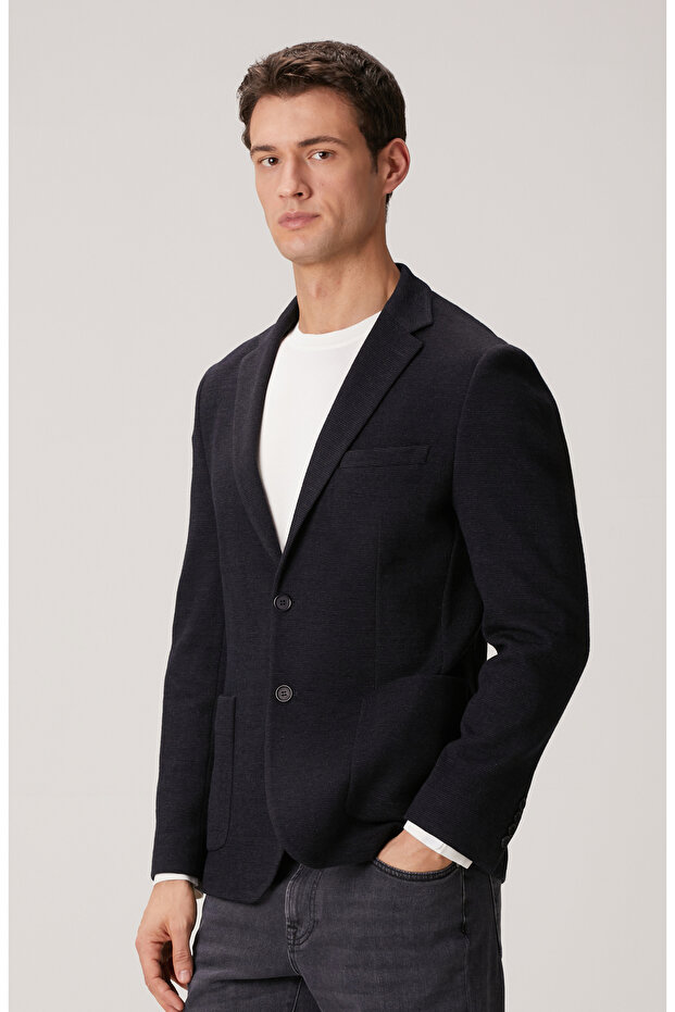 Lacivert Yün Karışımlı Örme Ceket - 4