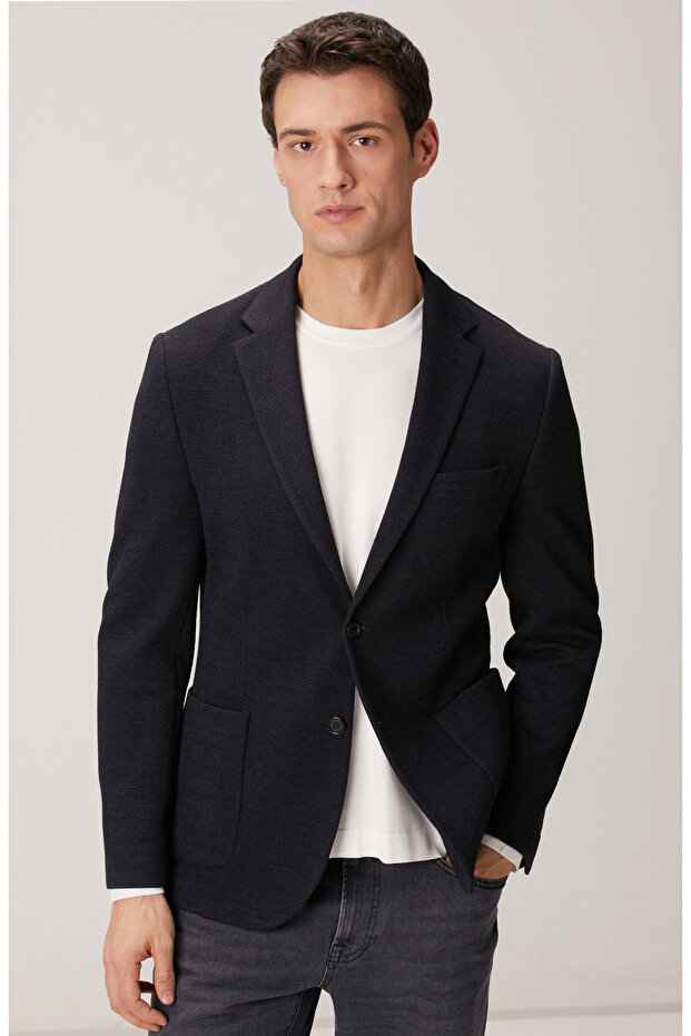 Lacivert Yün Karışımlı Örme Ceket - 2