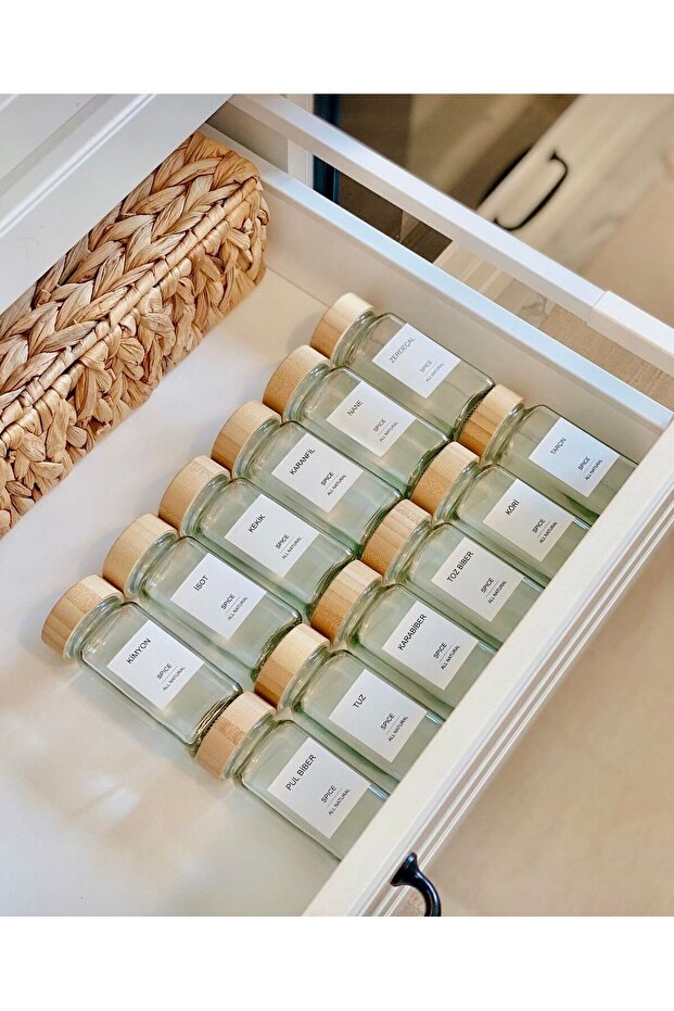 Set of 12 Glass Spice Jars with Bamboo Lids and Labels (with Spreader Head)