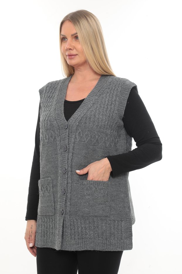 Women's Buttoned Pocketed V-Neck Knitted Wool Mother Knitwear Winter Vest