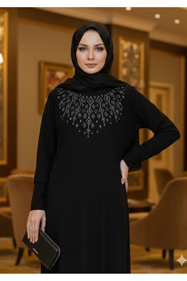 Women's Sandy Stone Detailed Black Hijab Dress Plus Size