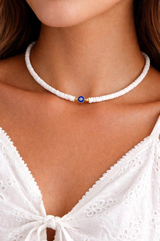 Thin White Fimo Necklace with Evil Eye Beads | Summer Evil Eye Women's Necklace