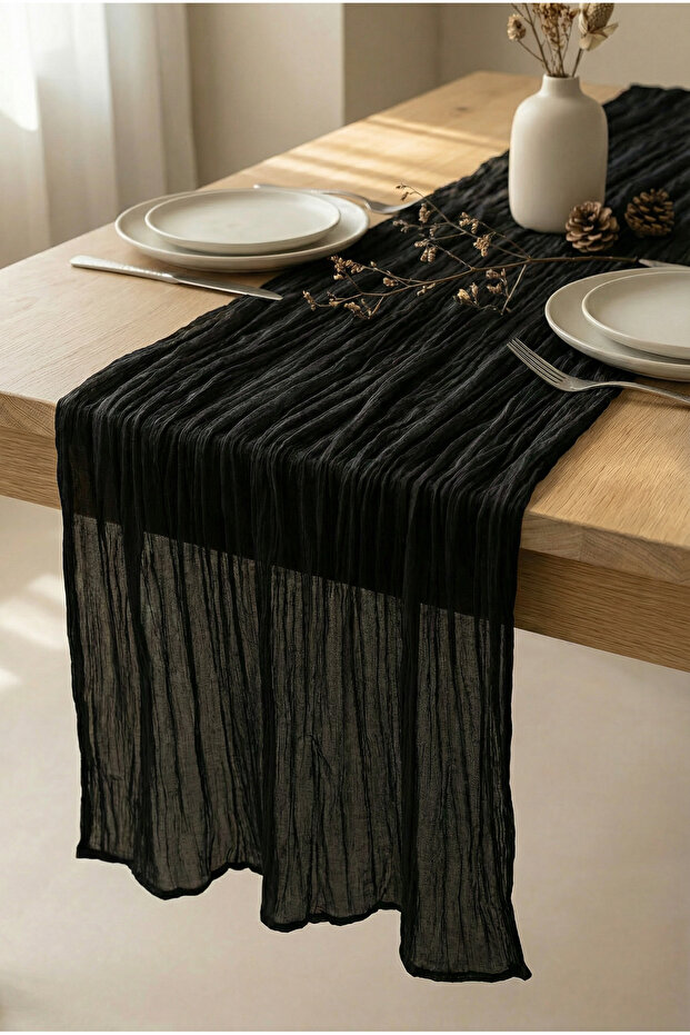 Nuvé | Black 100% Cotton Tulle Runner, Bohemian, Wedding Engagement Organization Tablecloth 90 X 200 cm