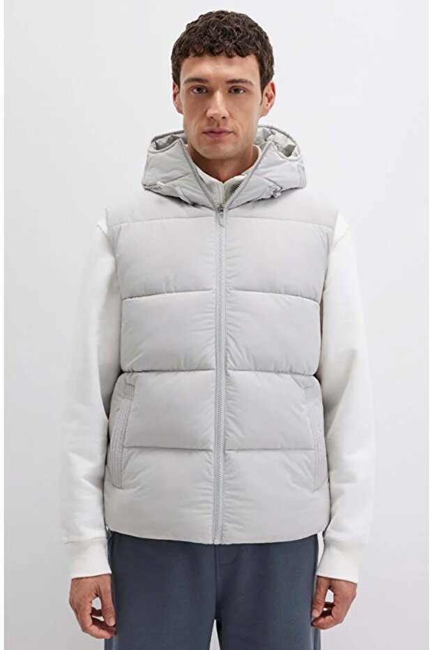 0110089 Kapüşonlu Şişme Erkek Yelek GRİ - 5