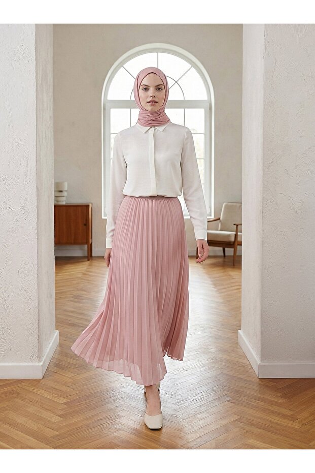 Piliseli Şifon Etek - Pudra - Refka - 1