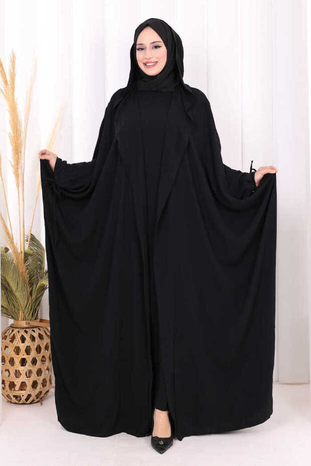 Hooded Abaya and Robe Double Set 70013 Black