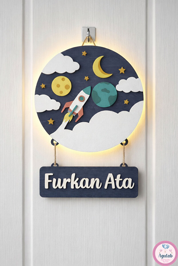 Roket Temalı Işıklı İsimli Kapı Süsü - 1