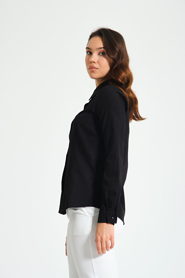 Basic Poplin Siyah Gömlek - 6