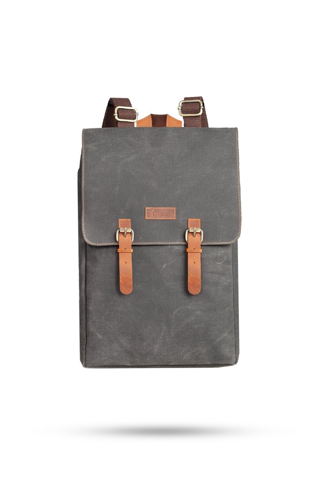 Real Genuine Leather - Canvas Fabric Black Laptop Backpack 15.6 Inch Design02