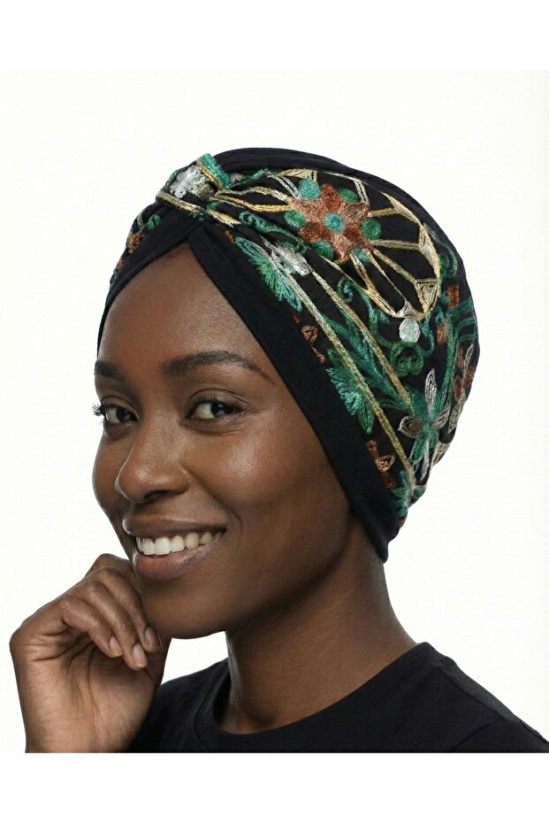 Authentic Embroidered Motif Lined Ready-To-Wear Turban Hijab Cap Suitable for Medical Use