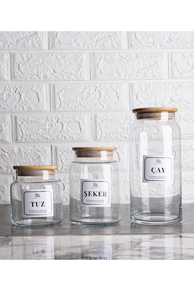 3-Piece Vacuum Storage Set with Bamboo Lid - Glass Tea Sugar Salt 1300ml 800ml 500ml