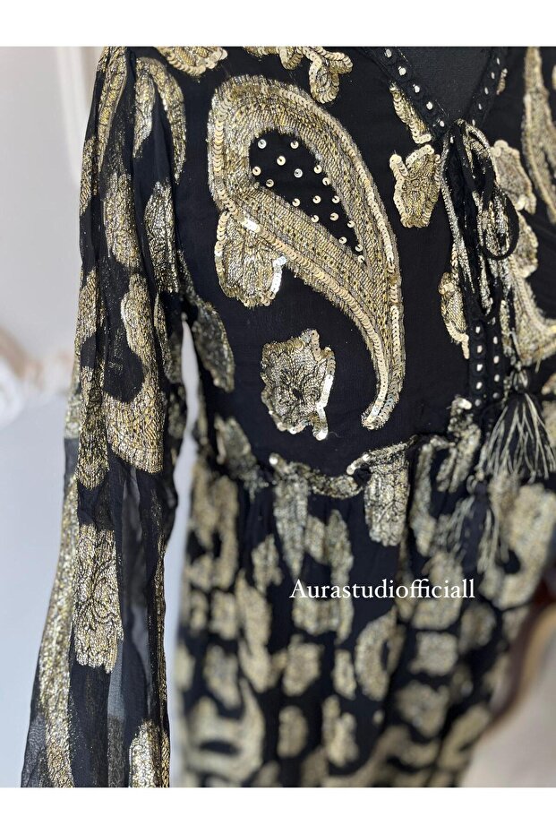 İthal İşlemeli Boncuklu Hint Elbise - 5