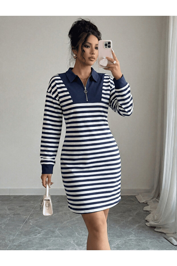 Polo Collar Zippered Knitted Midi Dress (Length 95 cm)