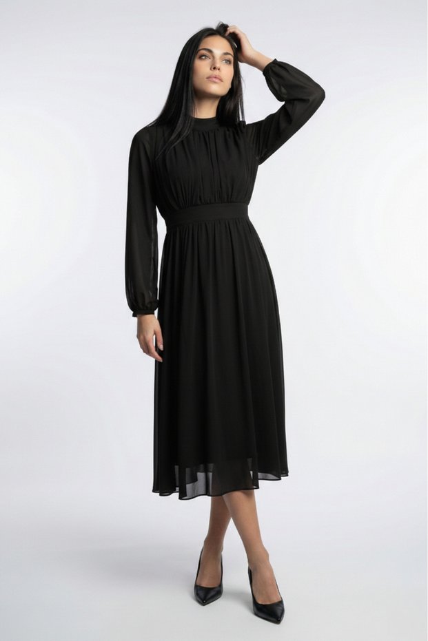 Women's Mock Neck Ruched Detail Lined Midi Chiffon Dress