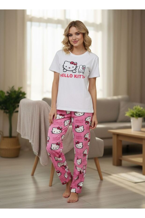 Hello Kitty Printed White Top Pink Bottom Pajama Set - 2