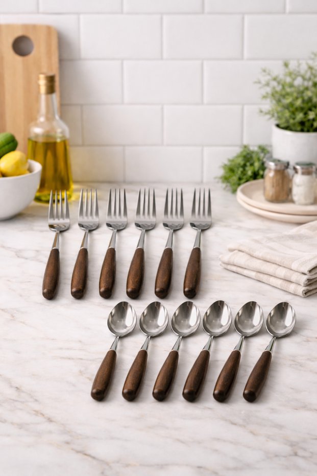 Total of 12 Pieces Stainless Steel Dessert Spoons and Forks with Acacia Wood Handles (2 x 6)