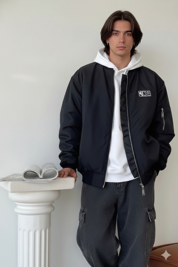 Oversized Men's Black Bomber Jacket - Water-Repellent Fabric Transitional Pilot Jacket