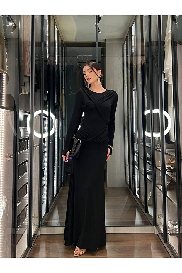 Women's Draped Long Sleeve Long Dress