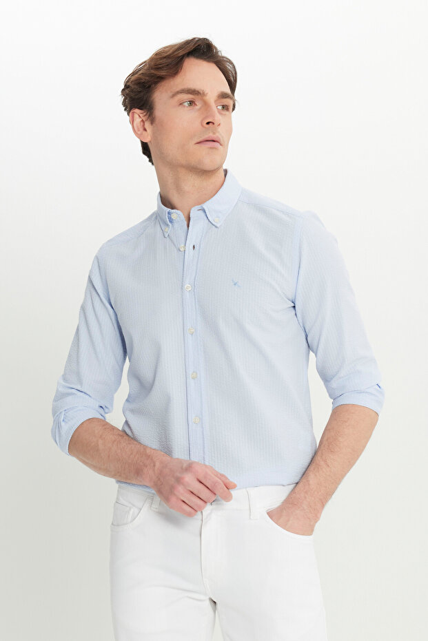 Men's Blue 100% Cotton Slim Fit Slim Fit Buttoned Collar Seersucker Patterned Shirt