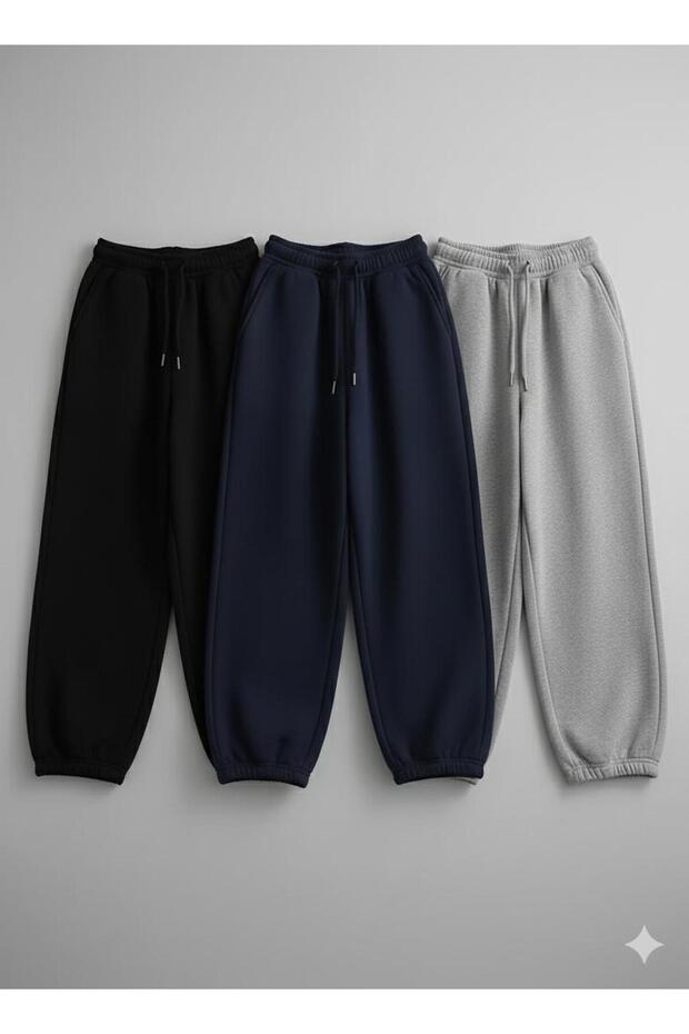 3 Pieces of Gray, Navy Blue, and Black Comfortable Fit Elastic Waistband Sweatpants