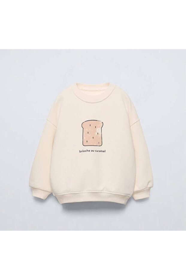 Kız Çocuk Ecru Brioche Au Caramel Printed Sweatshirt Oversized Cut Casual Top