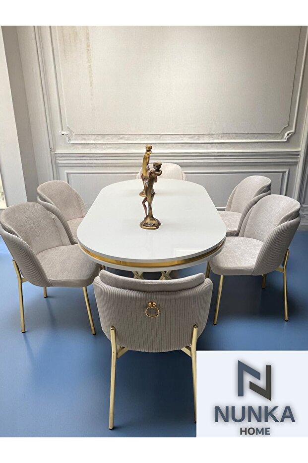 NUNKA HOME Arya Gold Line Krem Serisi +6 Sandalyeli Mdf Lak Panel Beyaz Masa Takımı