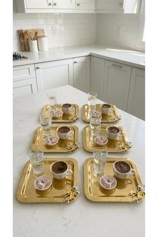 Single-Sided Gold 6-Piece Luxury Butterfly-Detail Tray 22X22 cm – Tea, Coffee and Promise Tray