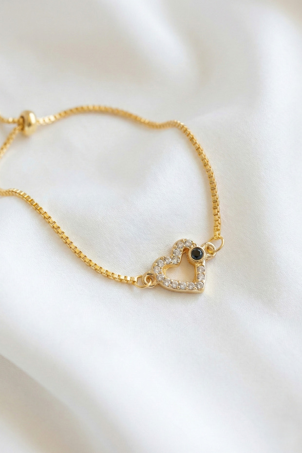 Heart Model Zircon Detailed Gold Color Women's Bracelet - Size S