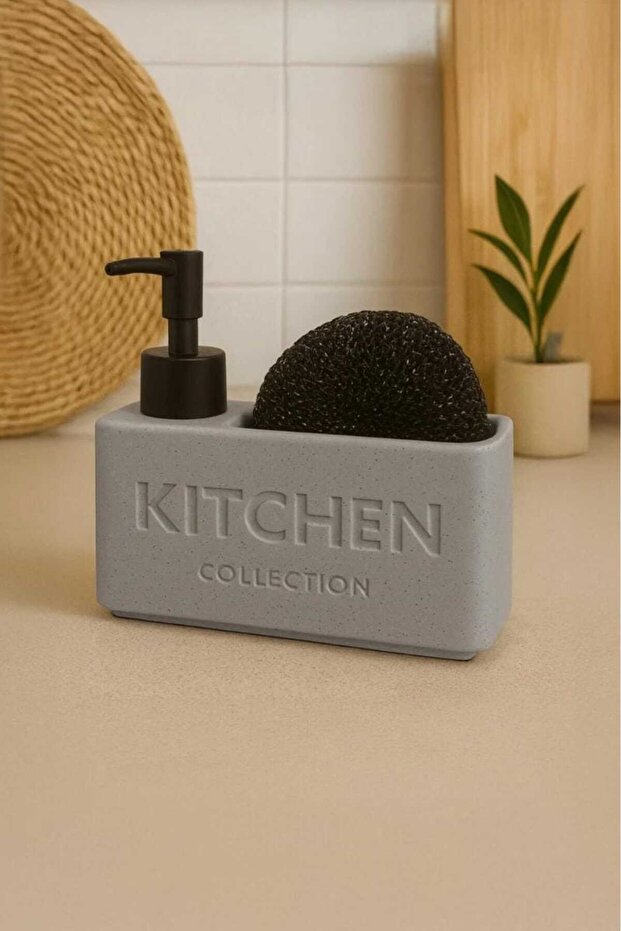 Luxury Modern Ceramic Liquid Soap Dispenser with Sponge Holder and Compartment Gray Color