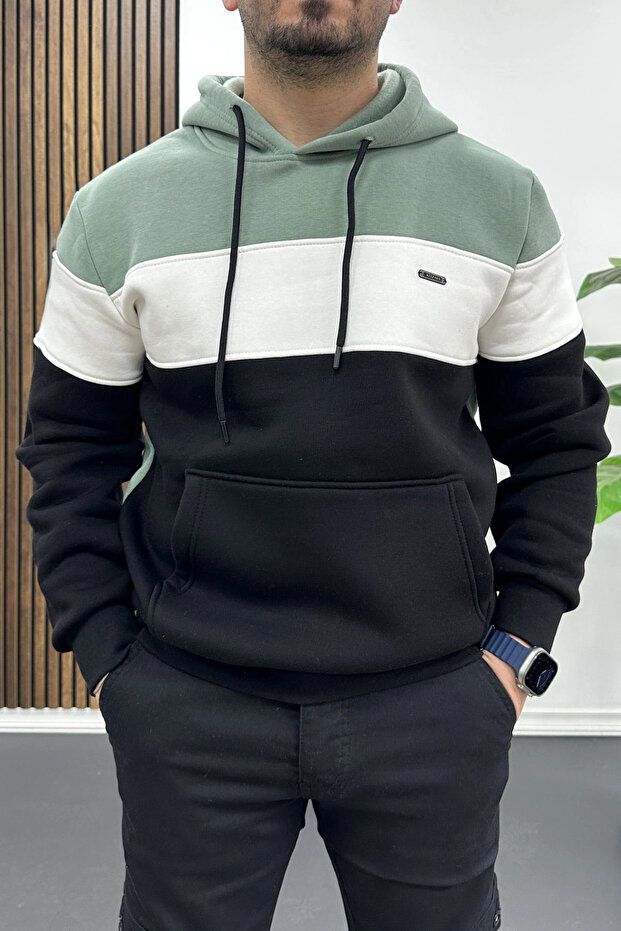 Men's Slim Fit Color Block Hooded Sweatshirt Light Green Edw438