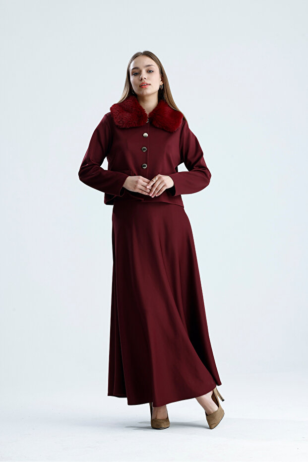 Fur Collar Detailed Puff Scuba Skirt Blouse Set