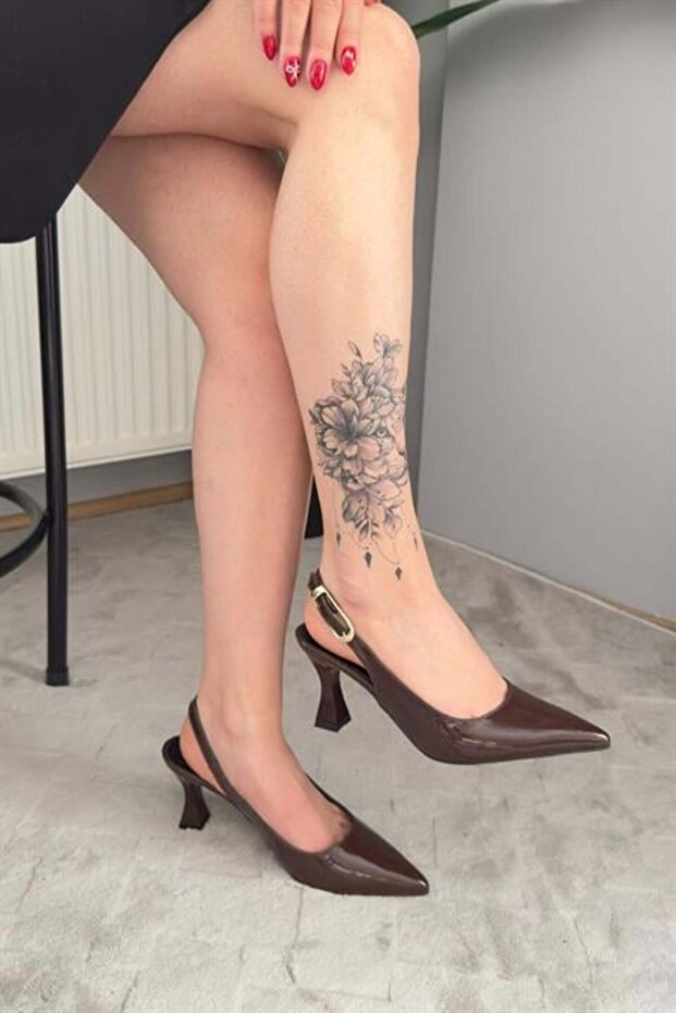 Women's Motto Brown Patent Leather Pointed Toe Open Back 8 cm Heeled Shoes