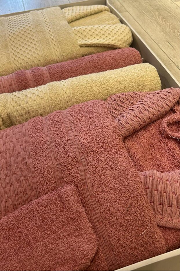 Minteks La Villa Pink - Cream 8 Piece Towel Bathrobe Set - Family Bathroom Towel Bathrobe Family Set