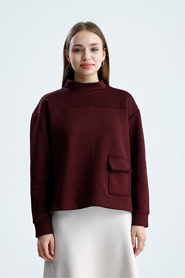 Women's Pocket Detailed Mock Neck Puff Scuba Sweatshirt (38/42 Compatible)
