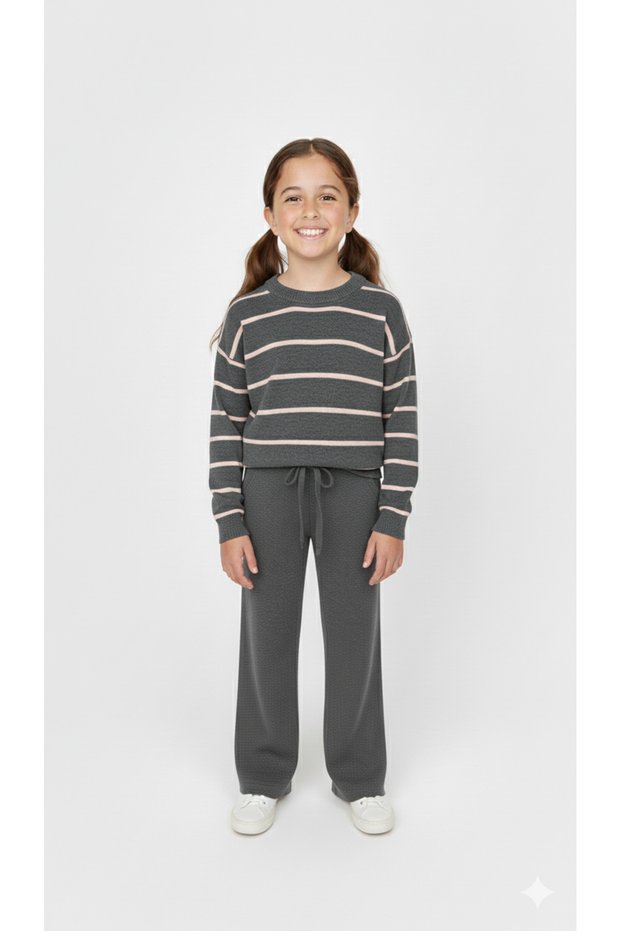 Suit for Girls, Knitwear, Gray Color, Stripe Detail, 6/14 Years
