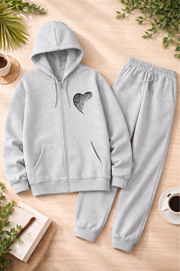 Unisex Printed Zippered Hooded Sweatshirt & Jogger Tracksuit Set