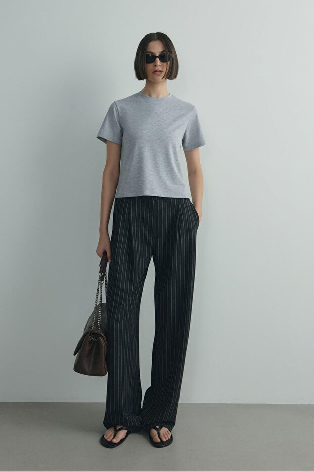 Gri Pamuklu Basic Tişört - 1