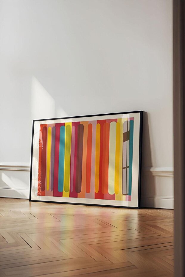 Color Rhythm Modern Abstract Lines - Painting with Black Frame
