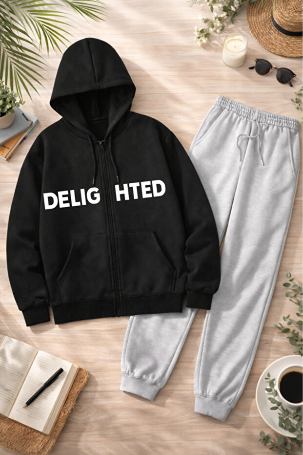 Unisex Printed Zippered Hooded Sweatshirt & Jogger Tracksuit Set