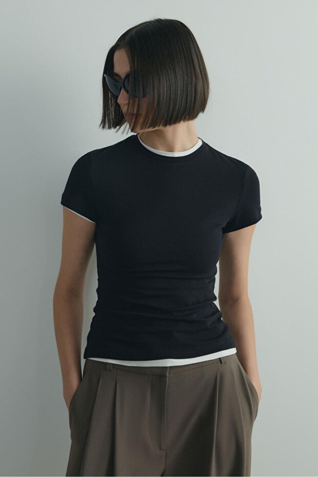 Siyah Skinny Fit Basic Tişört - 7