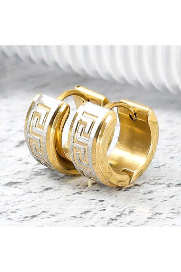 Men’s Gold Plated Stainless Steel Hoop Earrings – Polished Shine with Greek Key Pattern