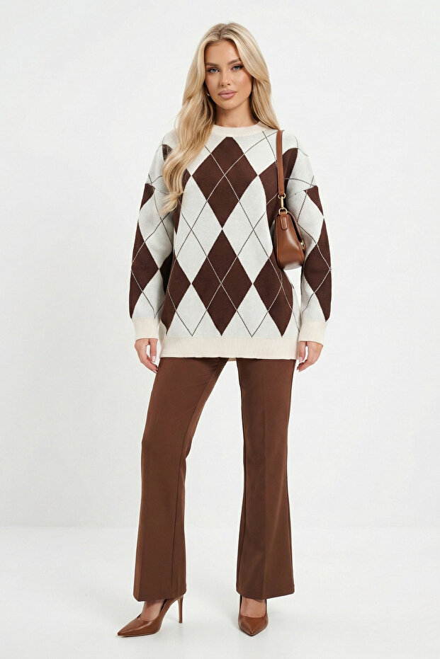 Crew Neck Diamond Patterned Knitwear Sweater