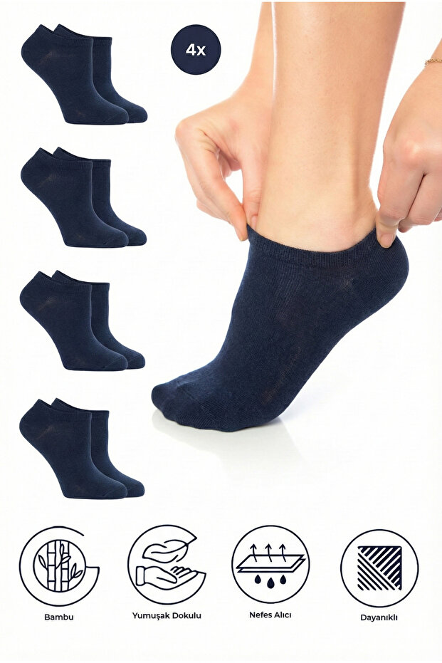 Bamboo Women's Sneaker Navy Blue Socks Stitch-Free Invisible Ankle Sports Socks Premium 4-Pack