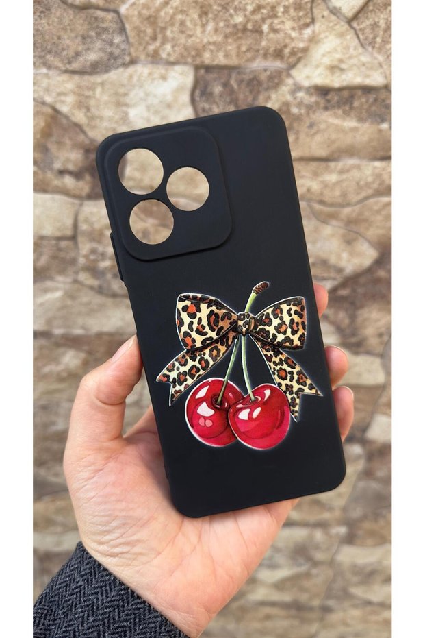 Realme C61 Compatible Cherry Bow Leopard Pattern Silicone Shock-Absorbing Classic Protective Rubber Case