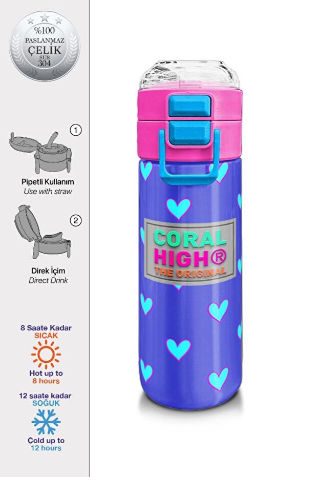 Kids Lavender Pink Heart Patterned Straw and Direct Drinking Steel Thermos 500 ml 31922