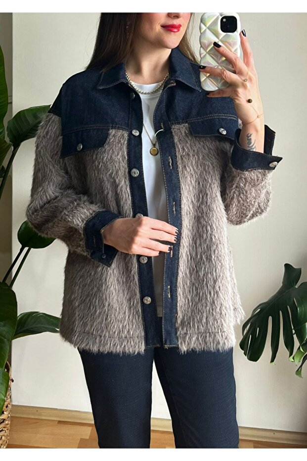 DENİM GARNELİ BUKLET CEKET VİZON - 1