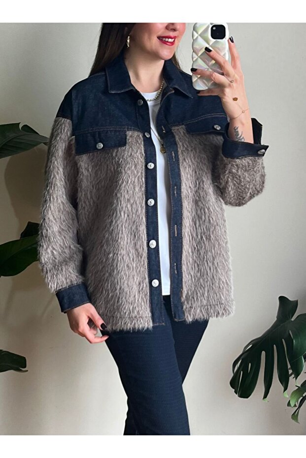 DENİM GARNELİ BUKLET CEKET VİZON - 3